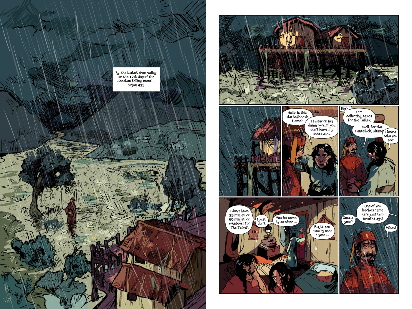 The first ten pages from an in-progress graphic novel about the decline of a fictional seventeenth-century province (warning for gun violence). 